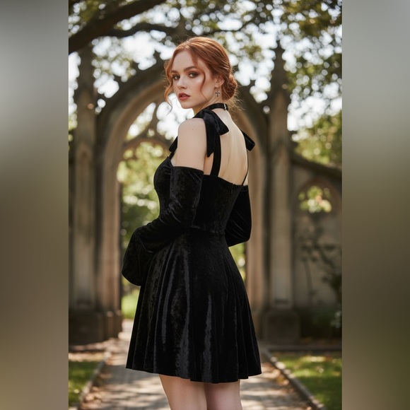 NWT Dolls Kill Widow Nocturnal Elegance Mini Dress in Black Velvet Silver Cross - Picture 6 of 16